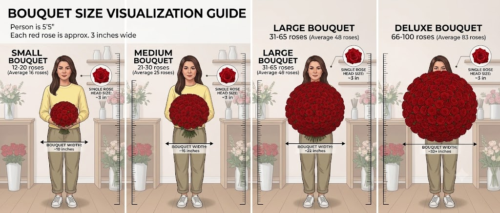Bouquet size visualization guide showing small, medium, large, and deluxe bouquet sizes with rose counts and dimensions